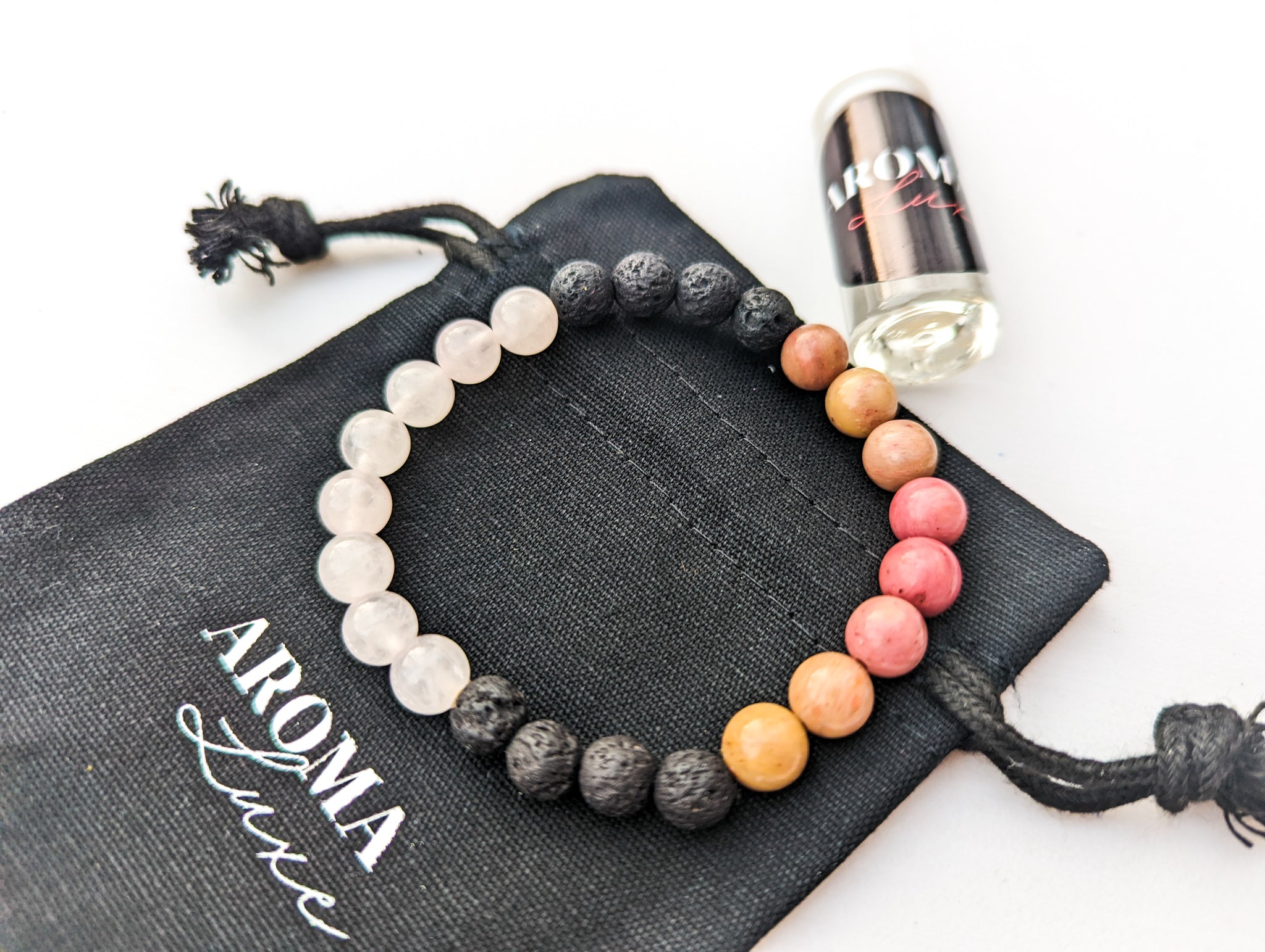 Rose Quartz & Rhodochrosite - Lava Crystal Diffuser Bracelet